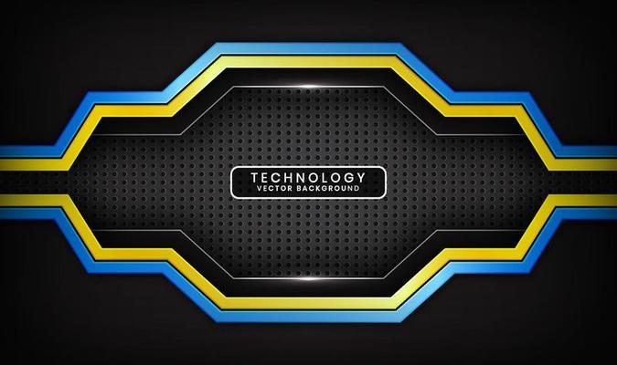 3D black technology abstract background, overlap layers on dark space with blue yellow stripes effect decoration. Modern template element future style for flyer, card, cover, brochure, or landing page