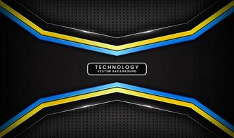3D black technology abstract background, overlap layers on dark space with blue yellow stripes effect decoration. Modern template element future style for flyer, card, cover, brochure, or landing page vector
