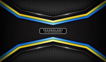 3D black technology abstract background, overlap layers on dark space with blue yellow stripes effect decoration. Modern template element future style for flyer, card, cover, brochure, or landing page vector