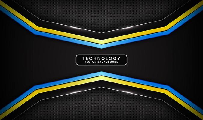 3D black technology abstract background, overlap layers on dark space with blue yellow stripes effect decoration. Modern template element future style for flyer, card, cover, brochure, or landing page