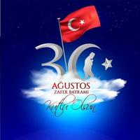 tarjeta de celebración nacional de turquía, insignia, pancarta o póster diseño vectorial 30 agustos zafer bayrami kutlu olsun, traducción al inglés, feliz 30 de agosto, día de la victoria vector