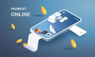 payment online on mobile phone Online shopping sell buy Bill and card money flat isometric vector concept banking.summer