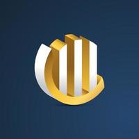 Elegant Initial Letter C and W Logo Design with Bar Chart Concept in 3D Style. CW or WC Monogram Logo in White and Gold vector