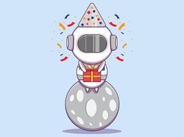 vector cute astronaut celebrate birthday sit on the moon cartoon illustration