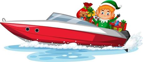 Christmas elf on speed boat with his gifts