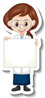 Scientist girl holding empty board in sticker style vector