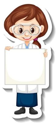 Scientist girl holding empty board in sticker style