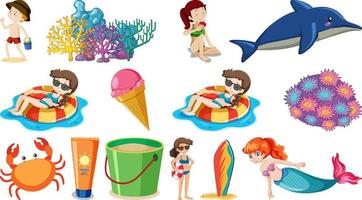 conjunto de objetos de playa de verano y personajes de dibujos animados vector