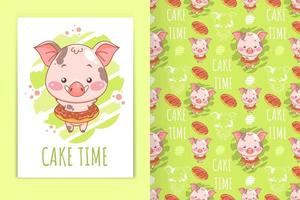 cute baby pig with donuts cartoon illustration and seamless pattern set vector