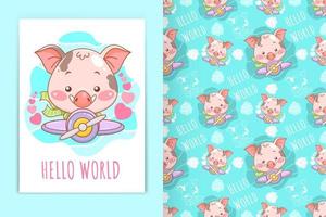 cartoon illustration of a cute baby pig riding a plane and seamless pattern set vector