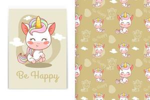 Lindo bebé unicornio de dibujos animados estilo kawaii y conjunto de patrones sin fisuras vector