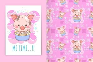 cartoon illustration of cute baby pig in the bathtub and seamless pattern set vector