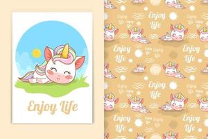 cute baby unicorn cartoon kawaii style and seamless pattern set vector