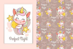 cute baby unicorn with moon and little star cartoon illustration and seamless pattern set vector