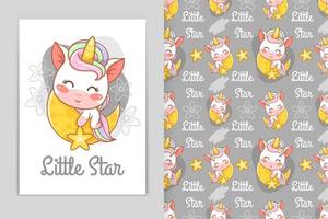 cute baby unicorn with moon and little star cartoon illustration and seamless pattern set vector