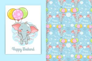 cute baby elephant with balloon cartoon illustration and seamless pattern set vector