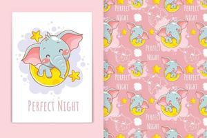 cute baby elephant with moon and little star cartoon illustration and seamless pattern set vector