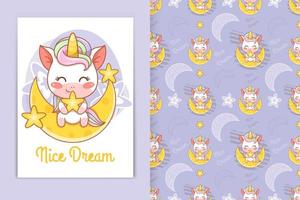 lindo bebé unicornio con luna y pequeña estrella ilustración de dibujos animados y conjunto de patrones sin fisuras vector