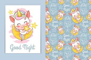 cute baby unicorn with moon and little star cartoon illustration and seamless pattern set vector