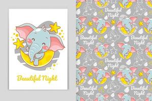 cute baby elephant with moon and little star cartoon illustration and seamless pattern set vector