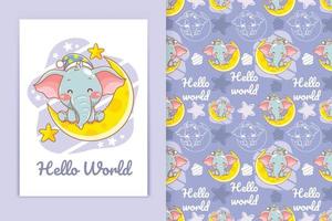 cute baby elephant with moon and little star cartoon illustration and seamless pattern set vector