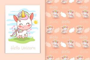 Lindo bebé unicornio de dibujos animados estilo kawaii y conjunto de patrones sin fisuras vector