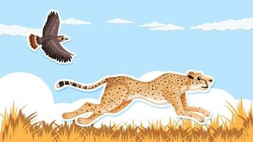 Thumbnail design with leopard running and hawk vector