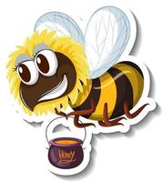 Funny bee holding honey bucket cartoon sticker vector