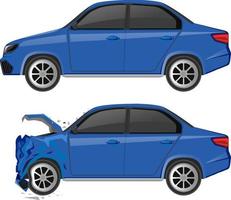 Blue sedan car and wrecked car on white background vector