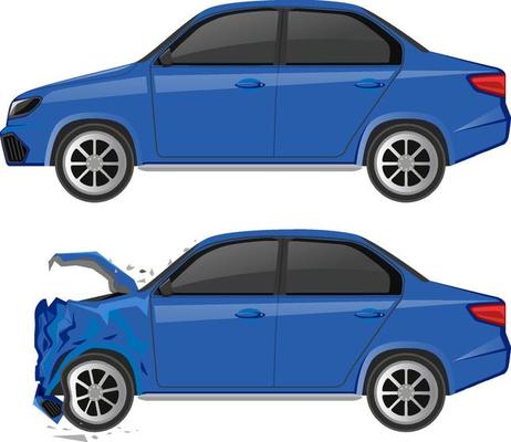 Blue sedan car and wrecked car on white background