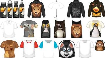 conjunto de diferentes camisetas y accesorios con estampados de animales. vector