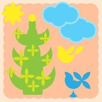 Greeting card with palm tree, clouds, sun, birds. vector