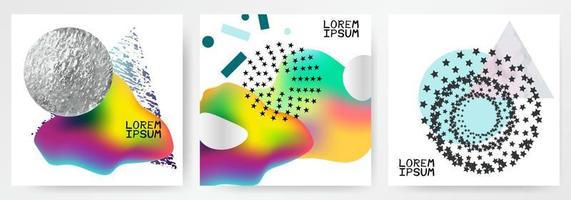 Colorful modern abstract posters, card with gradients, colored fluid, silver circle, marble triangle, geometrical shape on white background. Covers, templates. vector