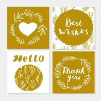 Set of cute gold and white cards with hand lettering. Laurel wreaths. Branches. Leaves. Heart. Best wishes. vector