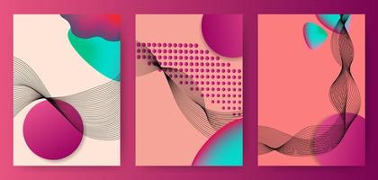 Colorful abstract posters, covers, templates with gradient circles, thin line smoke wave, fluid shape, halftone dots on pink background. vector