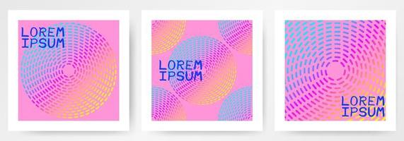 Colorful modern abstract posters, card with linear circles, gradients, textures, geometrical shape on pink background. Covers, templates. vector