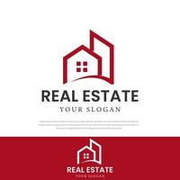 Simple red line style minimalist property logo. icon, symbol, real estate, icon, symbol, housing, apartment and urban landscape vector