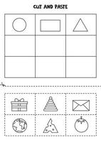 Cut and paste geometrical shapes. Black and white worksheet. vector