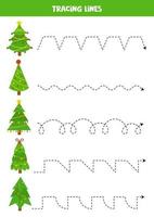 Tracing lines with cute cartoon Christmas trees. Writing practice. vector