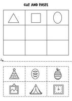 Cut and paste geometrical shapes. Black and white worksheet. vector