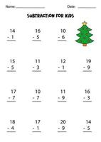 Subtraction with cute Christmas tree. Educational math game for kids. vector