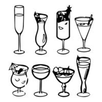 Ilustración, juego de arte lineal de vasos con cócteles, alcohol, iconos para el diseño