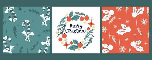 Set of Christmas vintage covers for congratulations.Template with lollipop, holly, frame with congratulations text. Vector illustration in retro flat style.