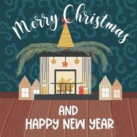 Christmas living room with fireplace, wood floor, patterned wallpaper and Merry Christmas text. Fireplace with a golden tree, candles, houses and a garland. Vector illustration for holiday cards