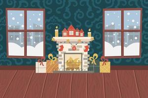 Christmas living room with fireplace, wooden floor, patterned wallpaper and snowy windows.Fireplace with candles, gifts and socks, houses with garlands. Vector illustration for a festive interior.