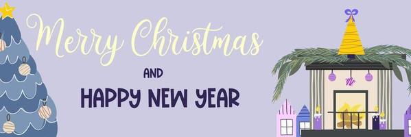 Christmas banner with text Merry Christmas and fireplace with blue spruce.Light text on a purple background, fireplace with fire, tree, garland, socks. Vector illustration of festive vertical banner.