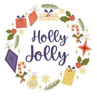 Christmas round vintage design with Holly Jolly text isolated on white background.Retro colors for decorations, balloons, gifts. Composition of a round cover with snowflakes in flat style.