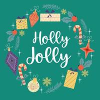 Christmas round vintage design with Holly Jolly text.Retro colors for decorations, balls, gifts. Round cover composition with snowflakes in flat style. Vector illustration.