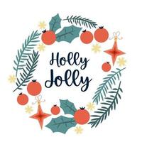 Christmas round vintage wreath with Holly Jolly text. Retro colors for decorations. Round cover composition with snowflakes, holly and fir branches in flat style. Vector illustration