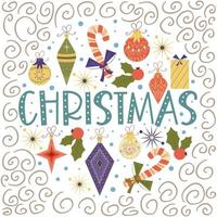 Diseño vintage redondo navideño con texto navideño.Colores retro para decoraciones, bolas, regalos, acebo. composición de cubierta redonda con copos de nieve, rizos en estilo plano. ilustración vectorial